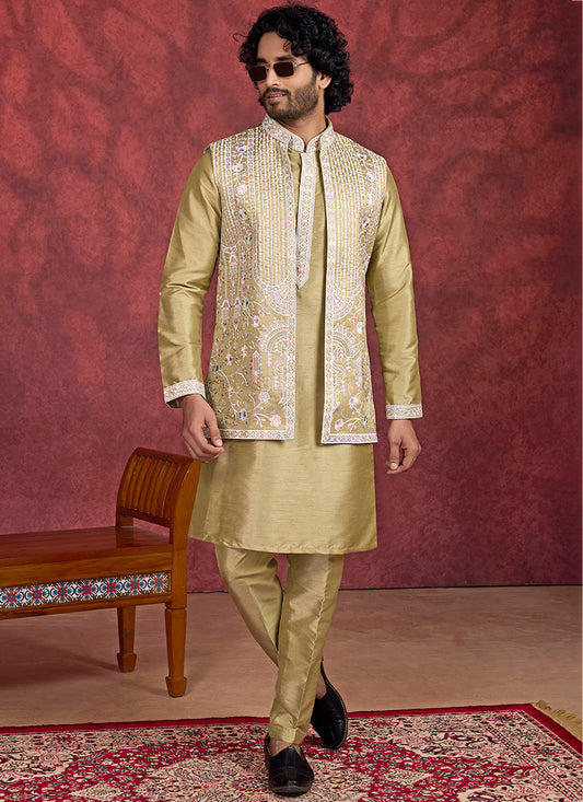 Art Silk Olive Green Wedding Wear Embroidery Work Readymade IndoWestern Sherwani 387388