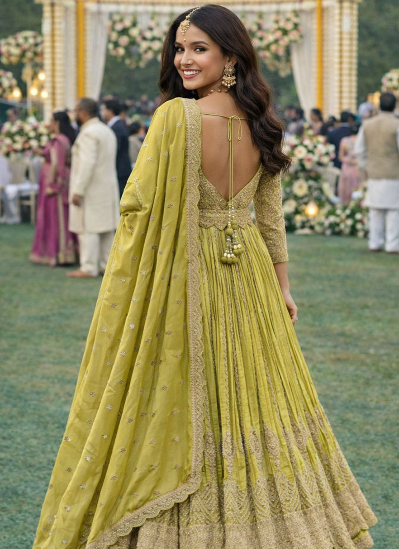 Olive Green Chinon Embroidery Work Wedding Wear Readymade Anarkali Suit SW626354