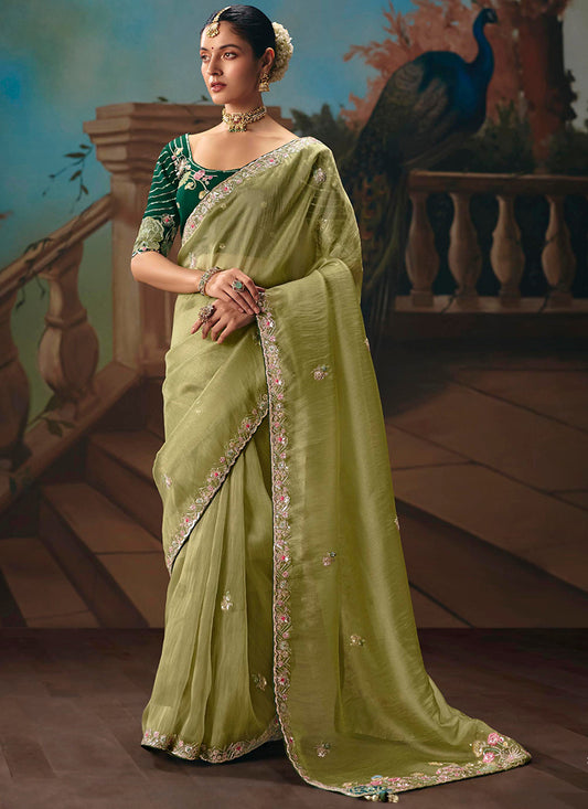 Olive Green Fancy Sequins Work  Wedding Wear Saree SW723103
