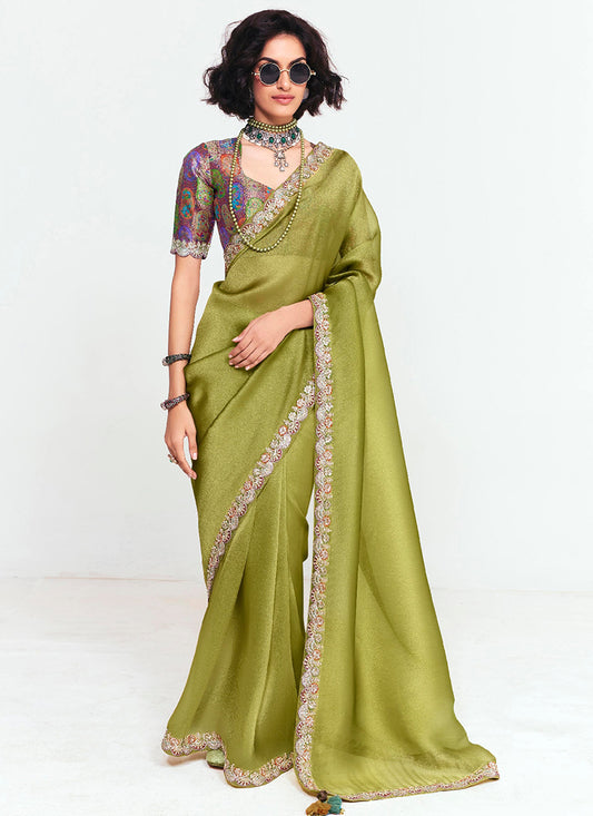 Olive Green Fancy Silk Border Work Wedding Wear Wedding Saree SW442401