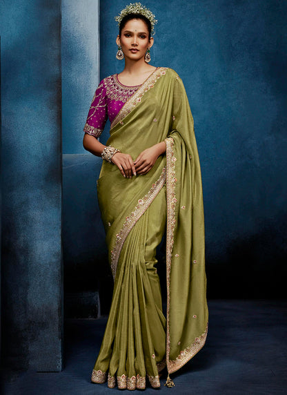 Olive Green Fancy Silk Embroidery Work Wedding Wear Saree SW730747