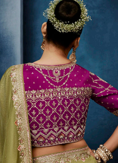 Olive Green Fancy Silk Embroidery Work Wedding Wear Saree SW730747