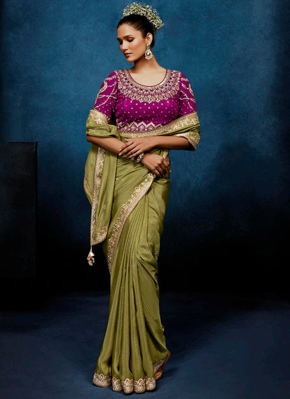 Olive Green Fancy Silk Embroidery Work Wedding Wear Saree SW730747