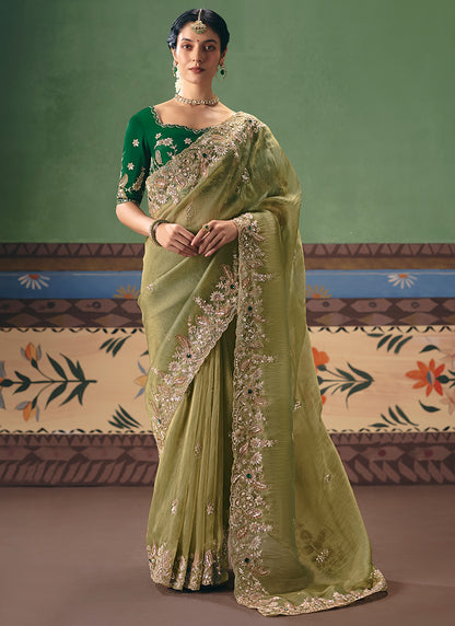 Olive Green Fancy Embroidery Work Wedding Wear Saree SW514574