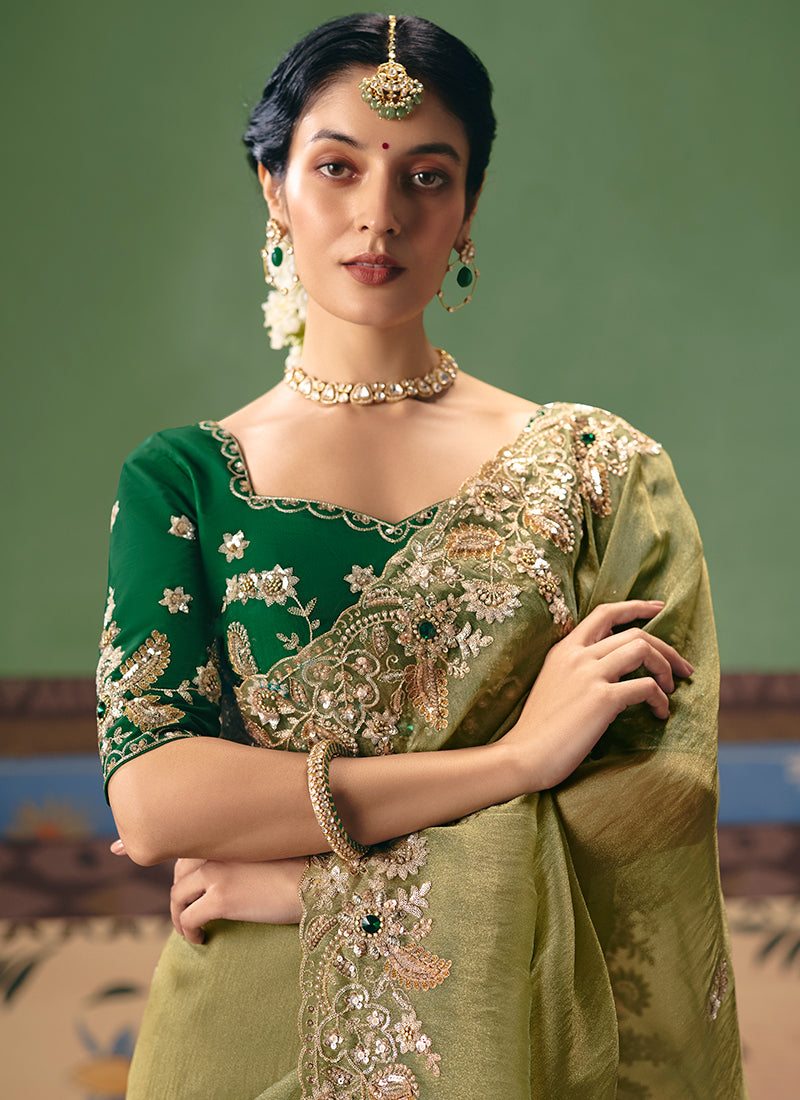 Olive Green Fancy Embroidery Work Wedding Wear Saree SW514574