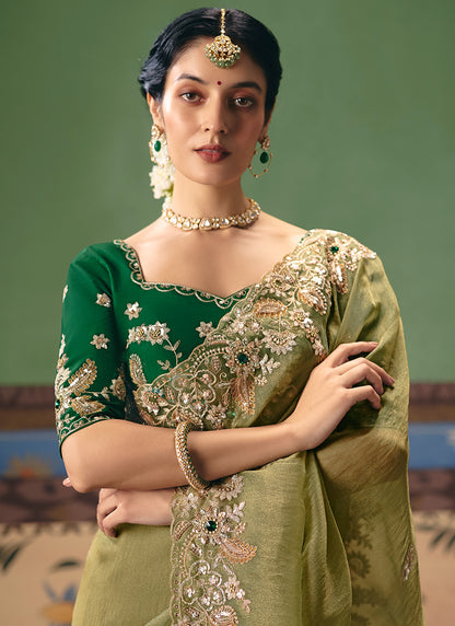 Olive Green Fancy Embroidery Work Wedding Wear Saree SW514574