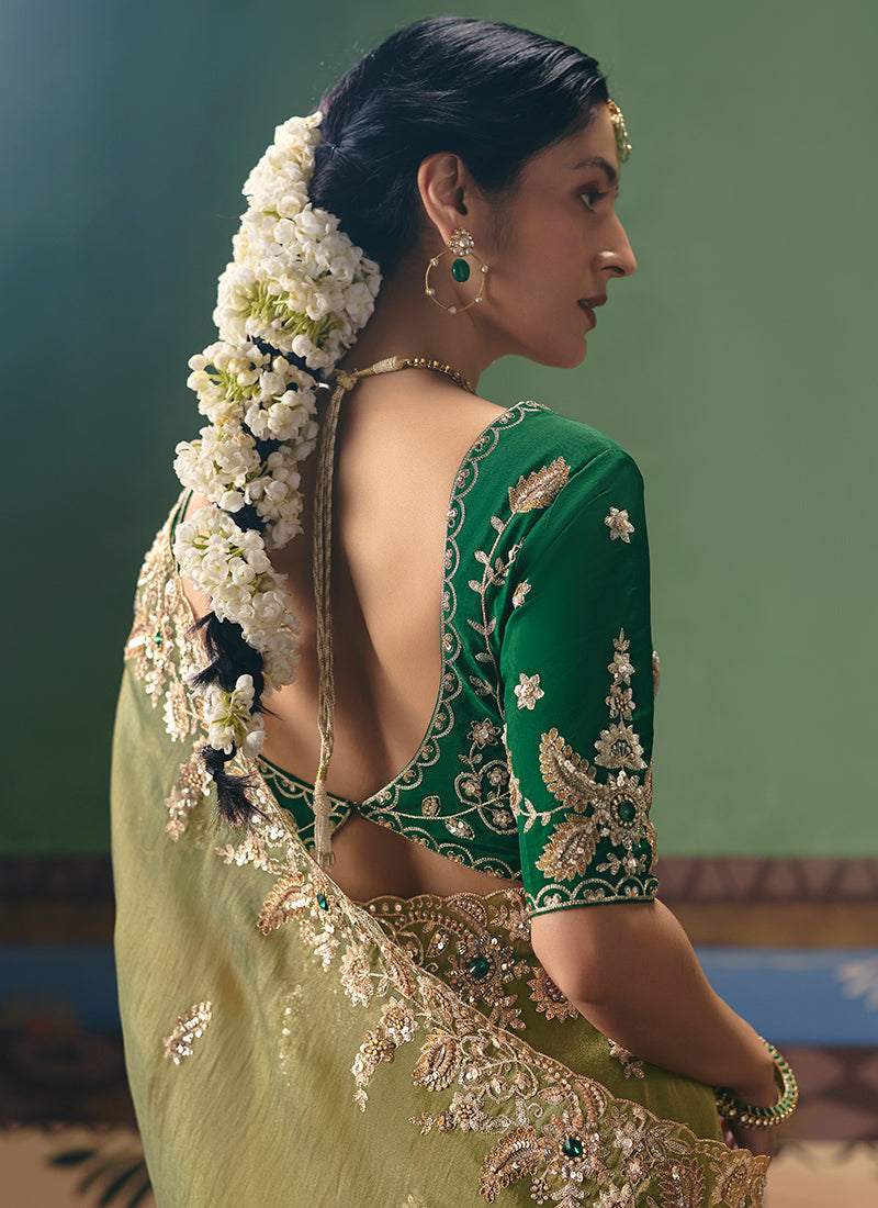 Olive Green Fancy Embroidery Work Wedding Wear Saree SW514574