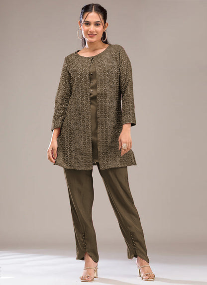 Olive Green Faux Georgette Embroidery Work Casual Wear Readymade Designer Kurti SW688584