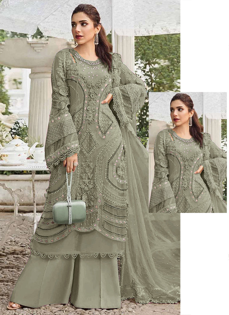 Faux Georgette Olive Green Eid Wear Embroidery Work Pakistani Suit 387662