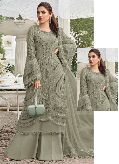 Faux Georgette Olive Green Eid Wear Embroidery Work Pakistani Suit 387662