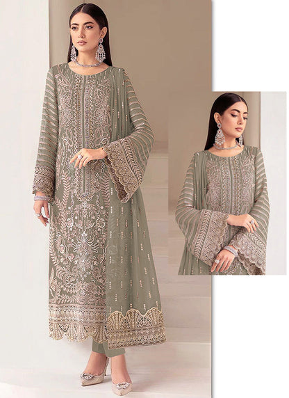 Faux Georgette Olive Green Eid Wear Zari Embroidery Work Pakistani Suit 388385