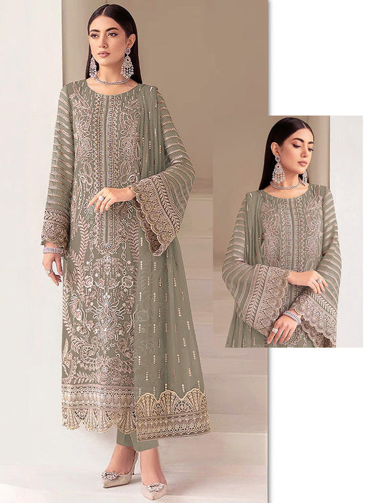 Faux Georgette Olive Green Eid Wear Zari Embroidery Work Pakistani Suit 388385