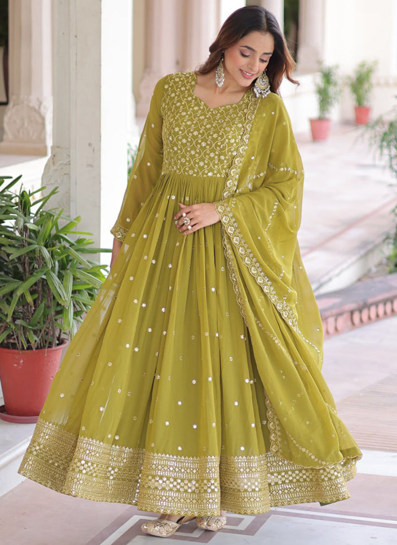 Faux Georgette Olive Green Festival Wear Sequin Embroidery Work Readymade Anarkali Suit 388122