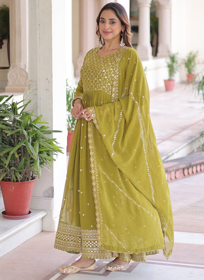 Faux Georgette Olive Green Festival Wear Sequin Embroidery Work Readymade Anarkali Suit 388122