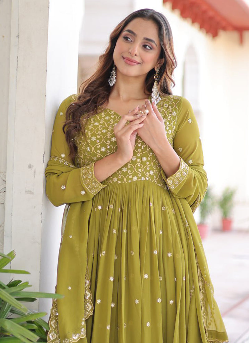 Faux Georgette Olive Green Festival Wear Sequin Embroidery Work Readymade Anarkali Suit 388122