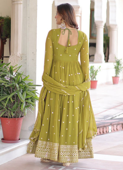 Faux Georgette Olive Green Festival Wear Sequin Embroidery Work Readymade Anarkali Suit 388122