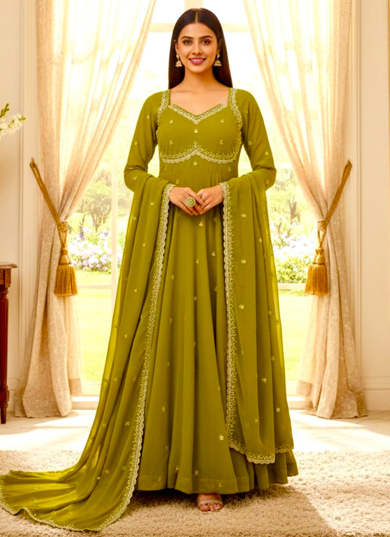 Faux Georgette Olive Green Festive Wear Sequins Embroidery Work Readymade Anarkali Suit 388247