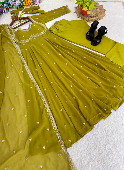 Faux Georgette Olive Green Festive Wear Sequins Embroidery Work Readymade Anarkali Suit 388247