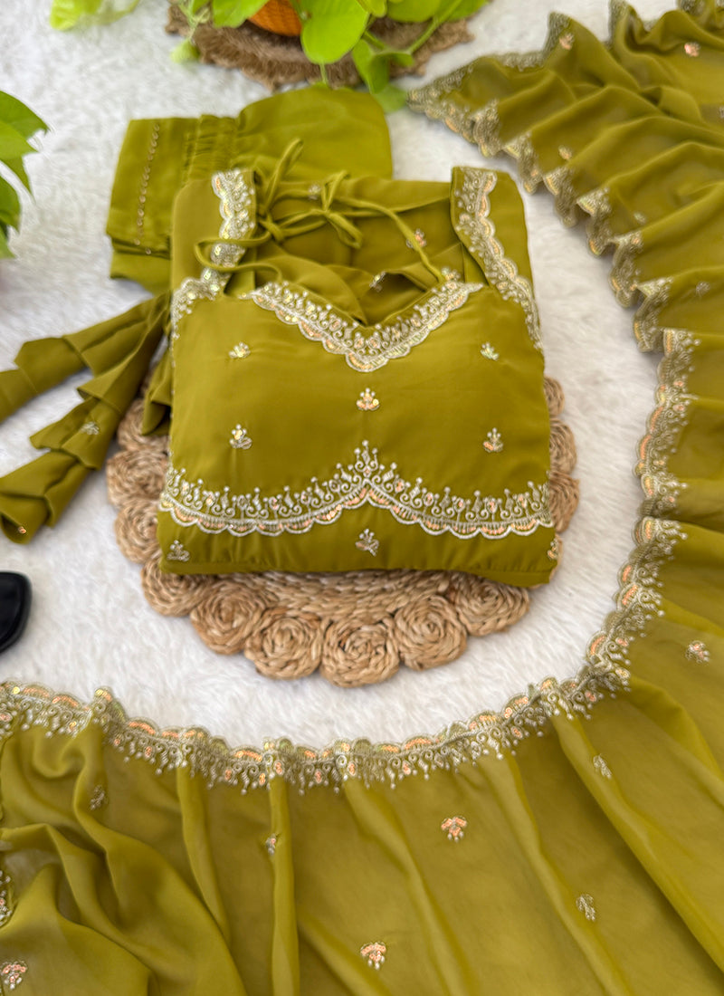 Faux Georgette Olive Green Festive Wear Sequins Embroidery Work Readymade Anarkali Suit 388247