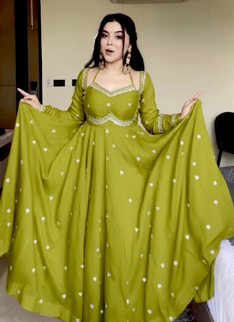 Faux Georgette Olive Green Festive Wear Sequins Embroidery Work Readymade Anarkali Suit 388247