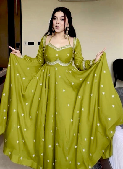 Faux Georgette Olive Green Festive Wear Sequins Embroidery Work Readymade Anarkali Suit 388247