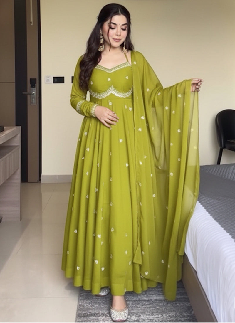 Faux Georgette Olive Green Festive Wear Sequins Embroidery Work Readymade Anarkali Suit 388247