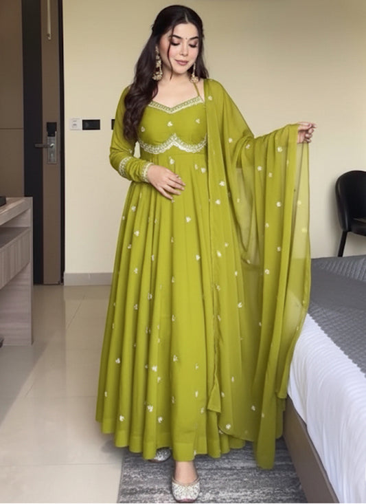 Faux Georgette Olive Green Festive Wear Sequins Embroidery Work Readymade Anarkali Suit 388247