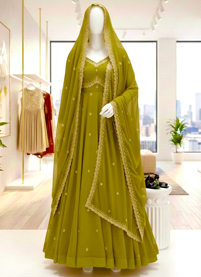 Faux Georgette Olive Green Festive Wear Sequins Embroidery Work Readymade Anarkali Suit 388247
