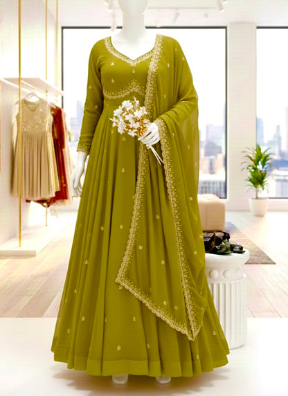 Faux Georgette Olive Green Festive Wear Sequins Embroidery Work Readymade Anarkali Suit 388247