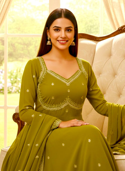 Faux Georgette Olive Green Festive Wear Sequins Embroidery Work Readymade Anarkali Suit 388247