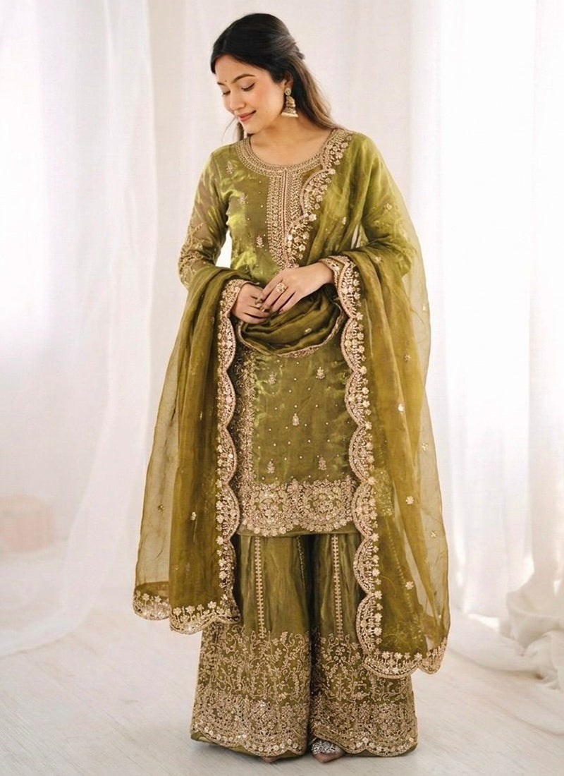 Olive Green Fendy Silk Embroidery Work Occasional Wear Readymade Plazzo Suit SW243386
