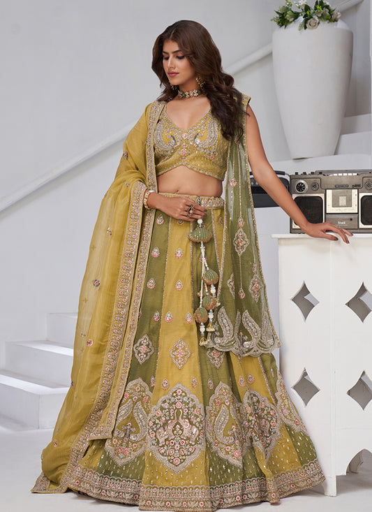 Georgette Olive Green Wedding Wear Zari Embroidery Work Lehenga Choli 385993
