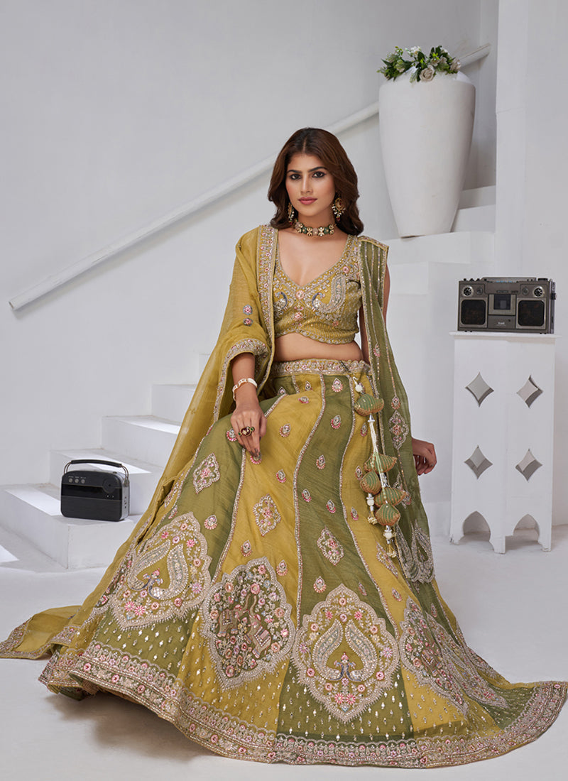 Georgette Olive Green Wedding Wear Zari Embroidery Work Lehenga Choli 385993