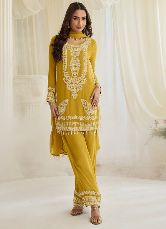 Olive Green Premium Georgette Bead Work Festival Wear Readymade Plazzo Suit SW127669