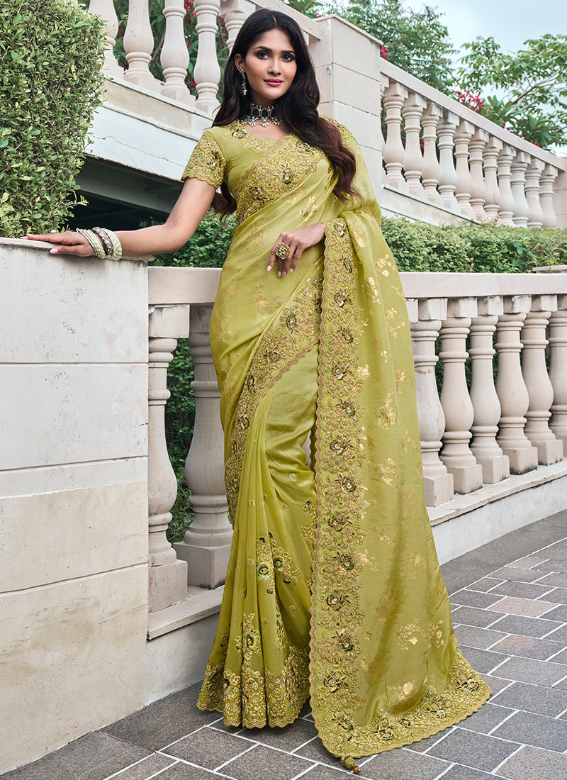 Olive Green Pure Tissue Silk Embroidery Work Occasional Wear Saree SW929378