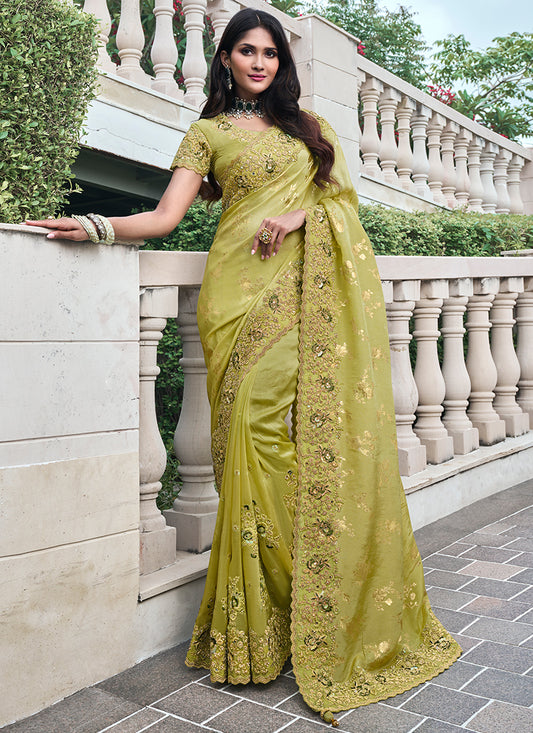 Olive Green Pure Tissue Silk Embroidery Work Occasional Wear Saree SW929378