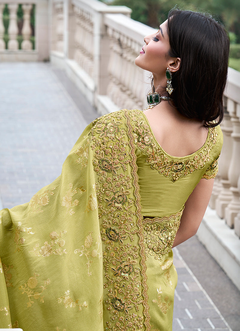 Olive Green Pure Tissue Silk Embroidery Work Occasional Wear Saree SW929378