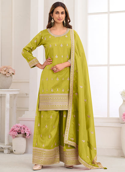 Olive Green Shimmer Silk Embroidery Work Festival Wear Readymade Plazzo Suit SW877236