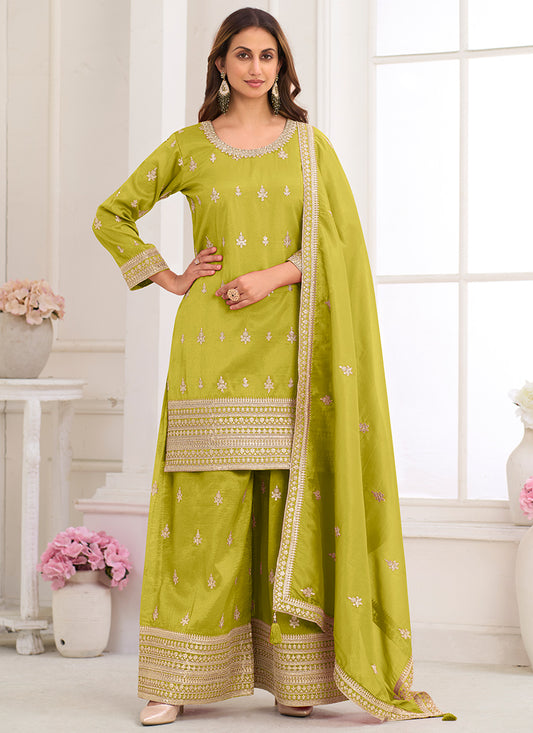 Olive Green Shimmer Silk Embroidery Work Festival Wear Readymade Plazzo Suit SW877236