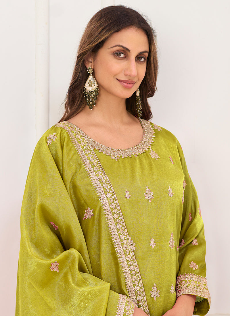 Olive Green Shimmer Silk Embroidery Work Festival Wear Readymade Plazzo Suit SW877236