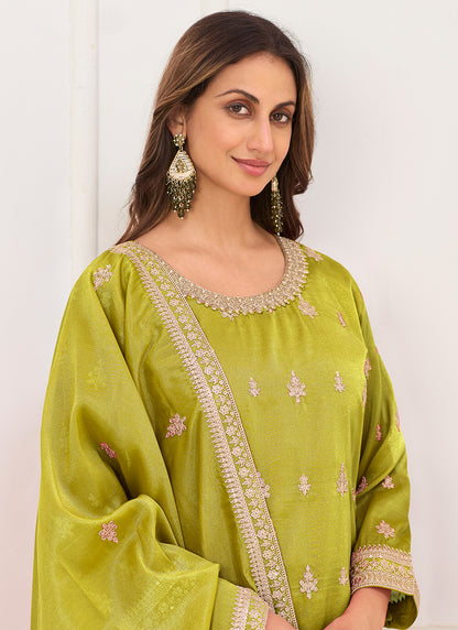 Olive Green Shimmer Silk Embroidery Work Festival Wear Readymade Plazzo Suit SW877236