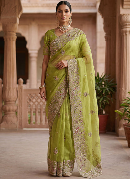 Olive Green Silk Embroidery Work Wedding Wear Saree SW958707