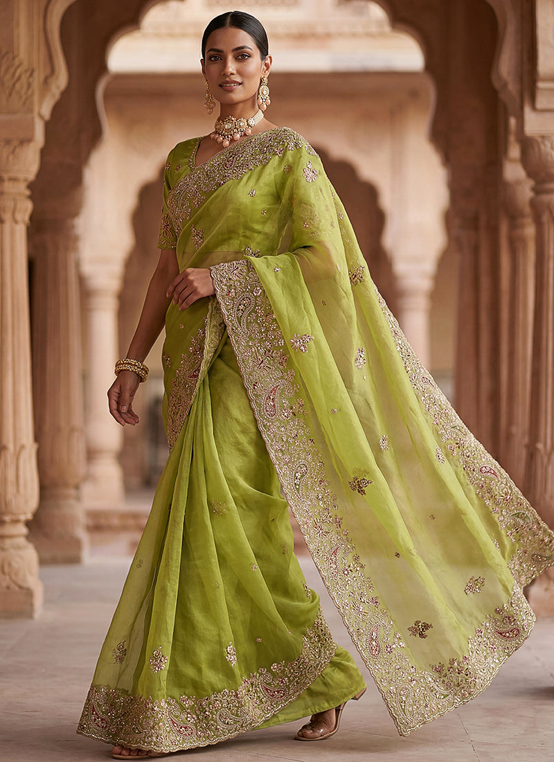 Olive Green Silk Embroidery Work Wedding Wear Saree SW958707