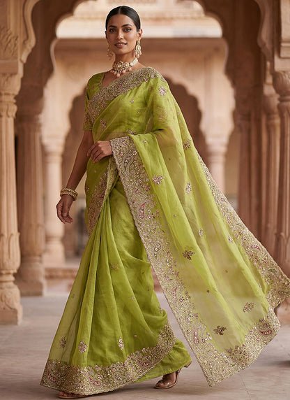 Olive Green Silk Embroidery Work Wedding Wear Saree SW958707