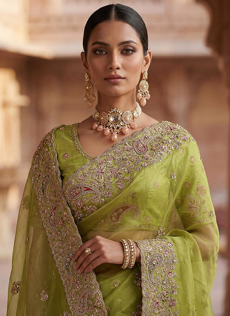 Olive Green Silk Embroidery Work Wedding Wear Saree SW958707