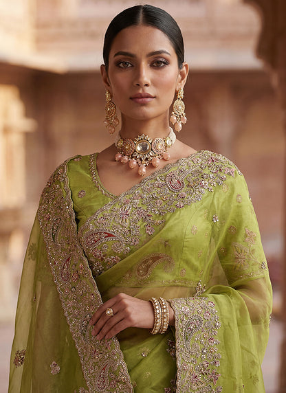 Olive Green Silk Embroidery Work Wedding Wear Saree SW958707