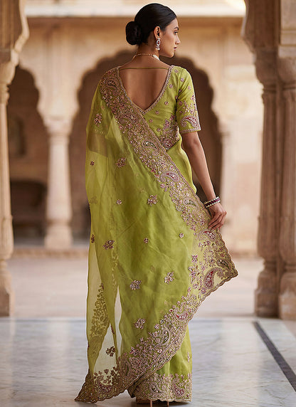 Olive Green Silk Embroidery Work Wedding Wear Saree SW958707