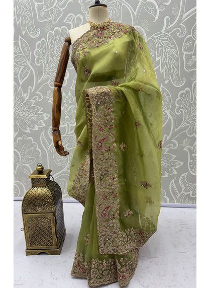 Olive Green Silk Embroidery Work Wedding Wear Saree SW958707