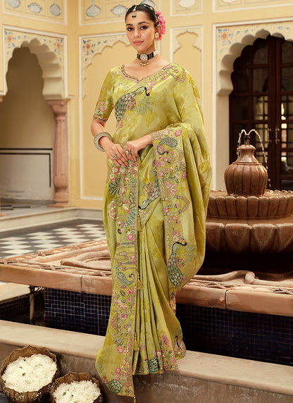 Olive Green Silk Zari Work Wedding Wear Saree SW829844