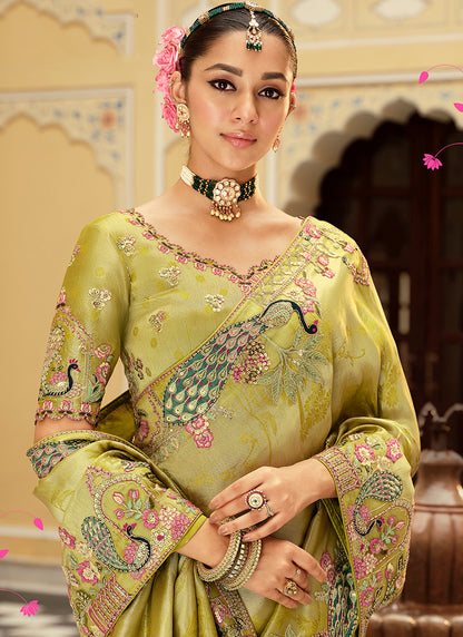 Olive Green Silk Zari Work Wedding Wear Saree SW829844
